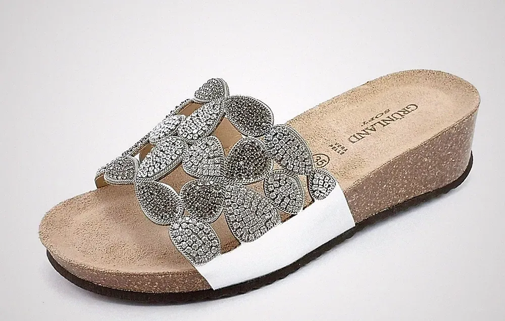 Grunland Anin CB2488-70 Silber Slipper Sandalen mit Strass Keilabsatz 4 cm SALE