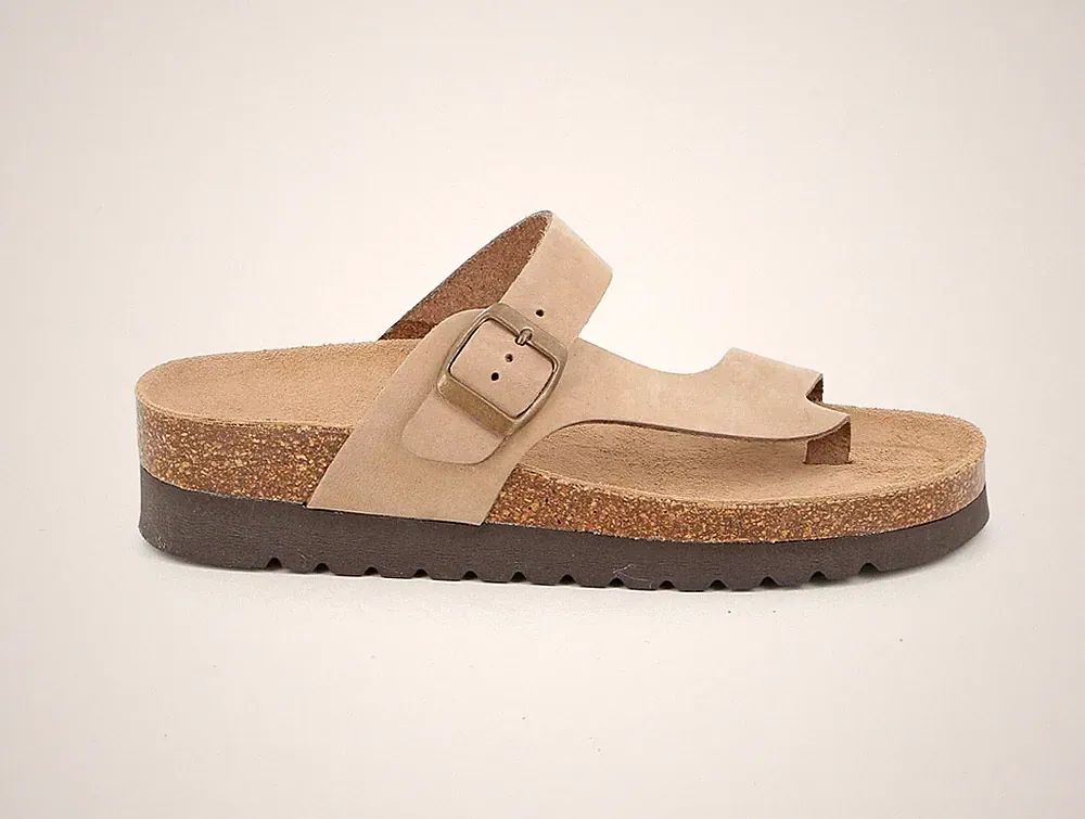 Grunland Damen Sandalen Pantoletten Zehentrenner Keilabsatz Anatomisch Leder Beige