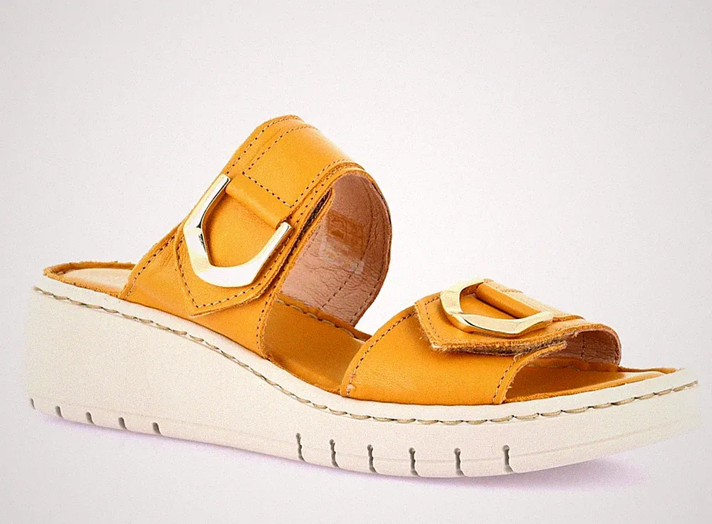 Grunland Gili CI3604-30 Hausschuhe Sandalen Leder gelb Keilabsatz 5 cm LISTENRABATT