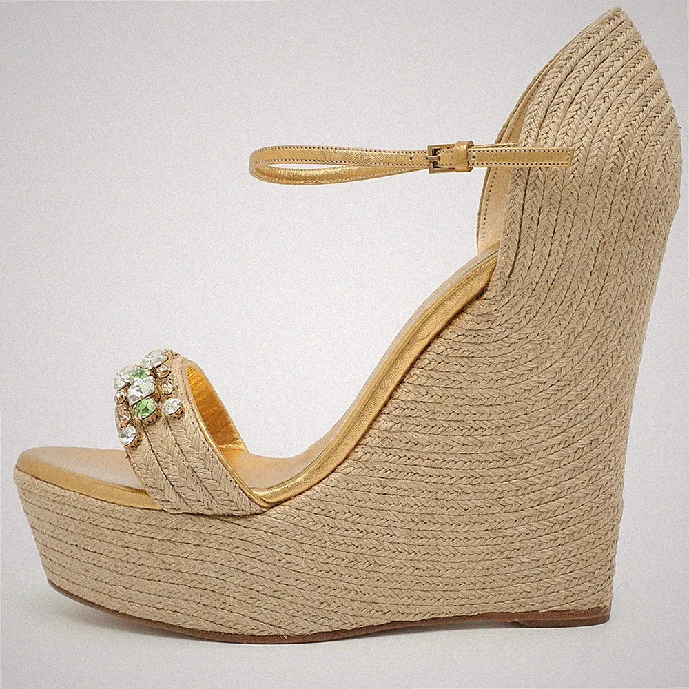 Gucci Carolina Gr. 41 Beige Gold Jute und Leder Espadrille Keilabsatz Sandalen