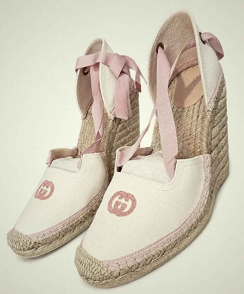 Gucci Damen Espadrille Heels Weiß Baumwolle Ineinandergreifendes GG Logo Gr. 9UK/EU42