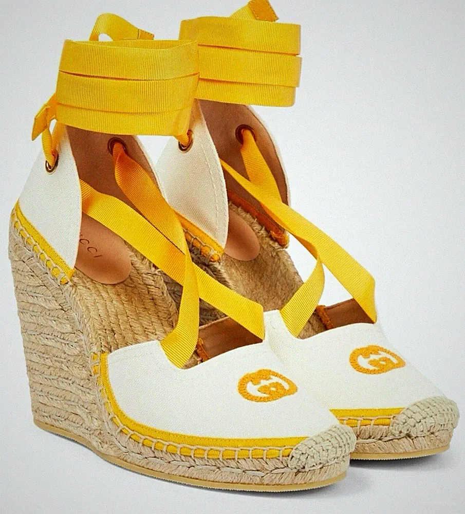 Gucci Damen Espadrille-Sandalen Keilabsatz hoch Bindeverschluss Weiß/Gelb 38