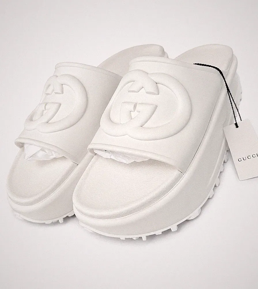 Gucci Damen Gummi Sliders ineinandergreifende GG Off White Sandalen Größe 9UK/EU42