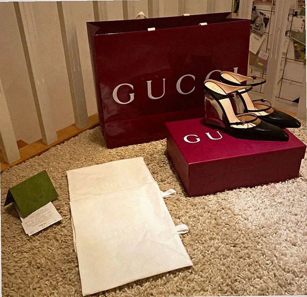 Gucci Damen Pumps EU 40 Leder schwarz/transparent Keilabsatz sehr hoch