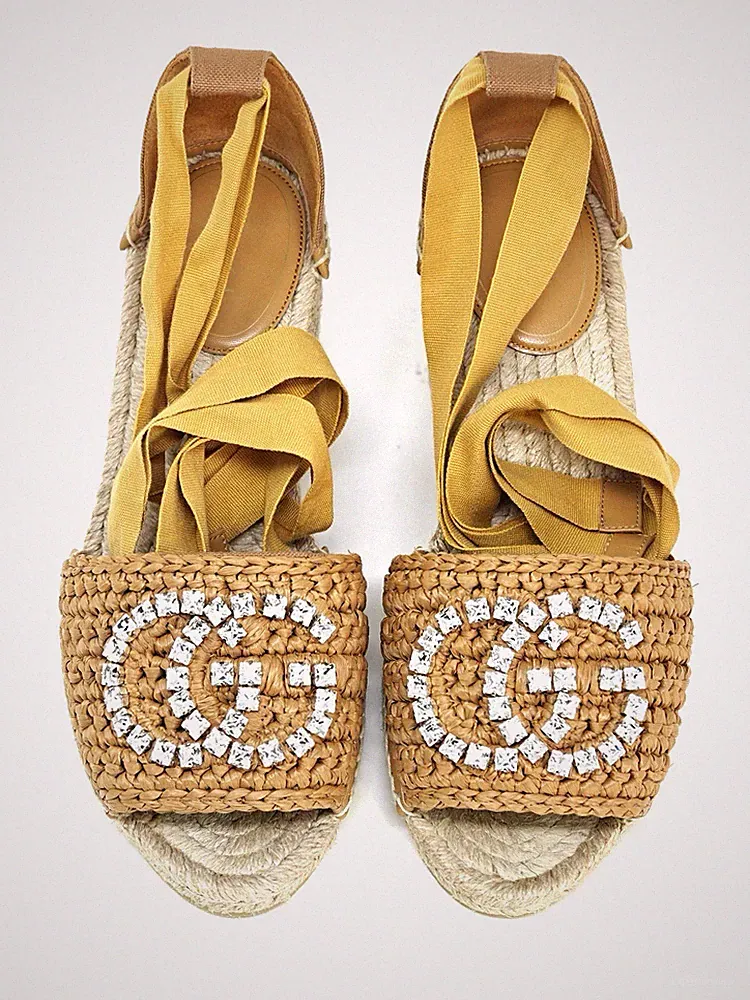 Gucci Marmont Double GG Espadrilles Plateau Crystal Ribbon UK 6,5 US 9,5 39,5