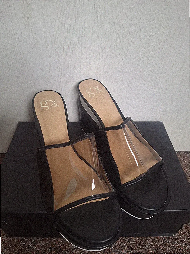 gx Damen Sandalen Slipper Keilabsatz Plateau transparent schwarz EU 40