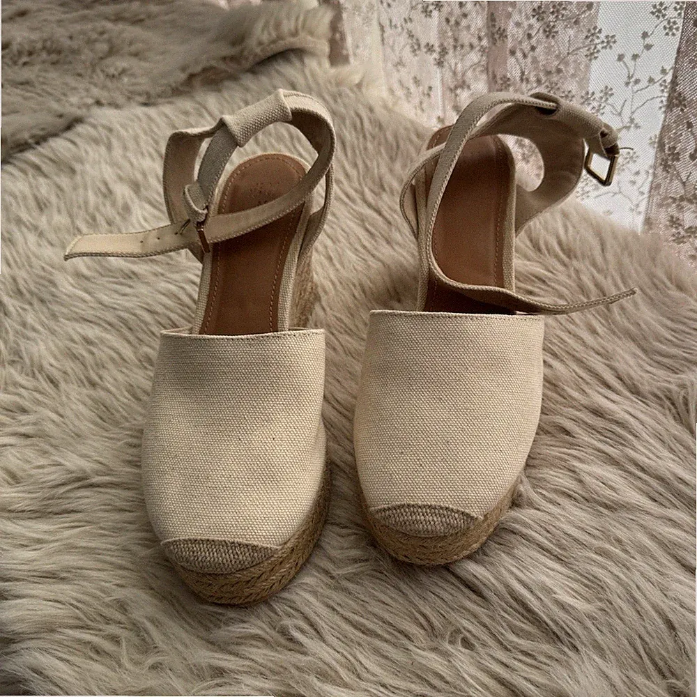 H&M Espadrille-Sandalen Damen Beige EU 38 Keilabsatz hoch Stoff Schnalle