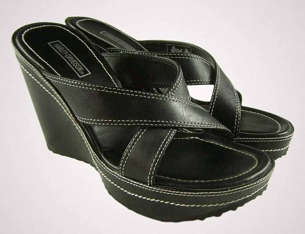 Harley Davidson Sandal 6 Black Strappy Platform Wedge Heel Biker Goth Y2K Chunky