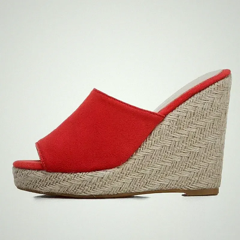 Hausschuhe Pantolette Keilabsätze Seil Rot Leben Slipper Slip On Absatz 11 CM