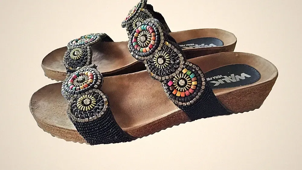 Hausschuhe SANDALE KEILABSATZ DAMEN WALK MELLUSO LEDER Schwarz Schmuck Strass Kork 39