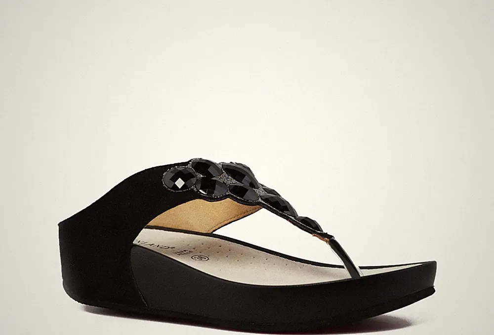Hausschuhe Sandalen Zehentrenner Grunland Dira CI3159-C9 schwarz Steine Keilabsatz 5 cm SALE