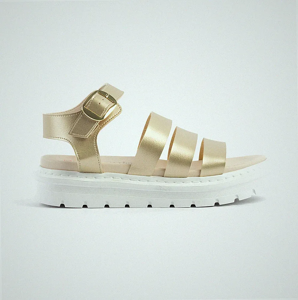 Heavenly Feet Safran Damen Kunstleder Schnalle Gold Plateau Sandalen