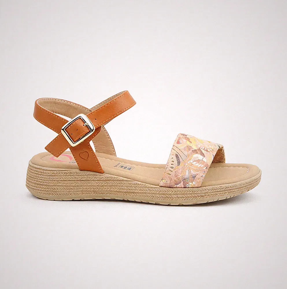 Heavenly Feet Sara Damen-Plateausandalen Synthetik Schnalle hellbraun/goldfarben bunt