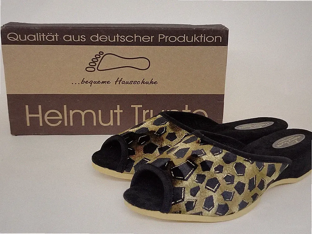 Helmut Trunte Damen Pantoffel gold-schwarz, zehenoffen, 3 cm Keilabsatz