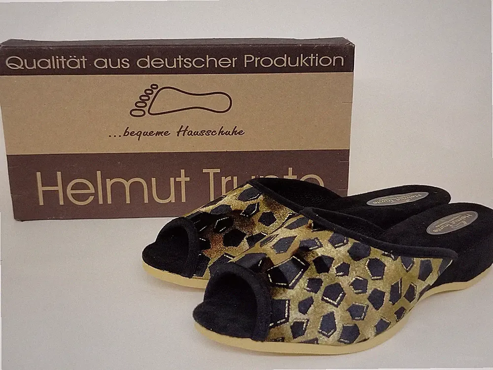 Helmut Trunte Damen Pantoffel gold-schwarz, zehenoffen, 3 cm Keilabsatz