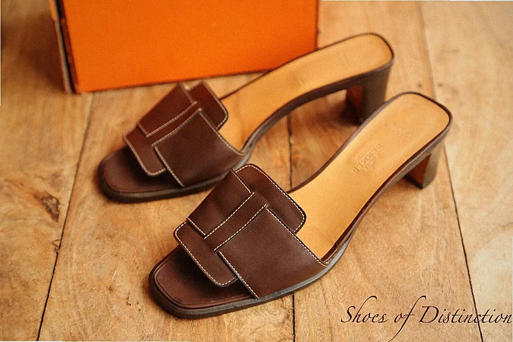 Hermes braune Leder Sandalen Absatz Keilabsatz Pumps Damen UK 6,5 EU 9,5 US 39,5