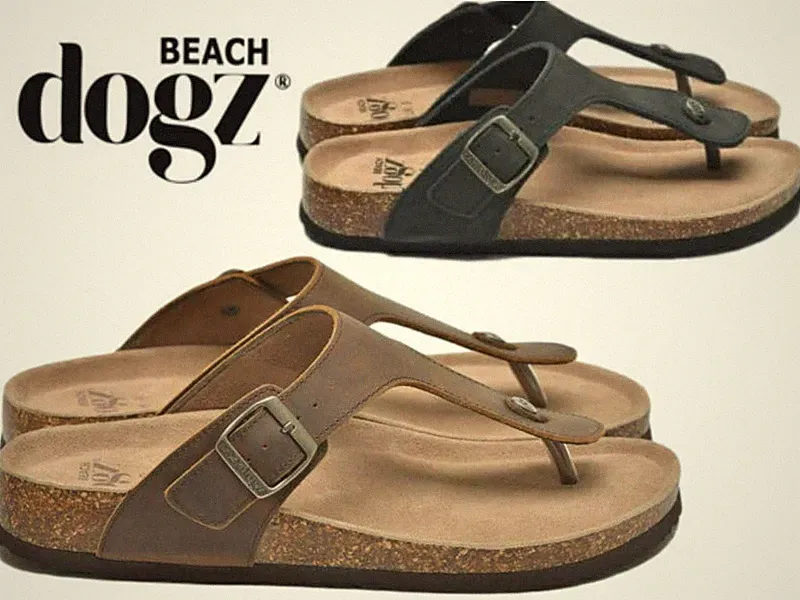 Herren Sommer Sandalen Leder Strand Dogz Zehensteg Pantoletten Memory Foam Flip Flops