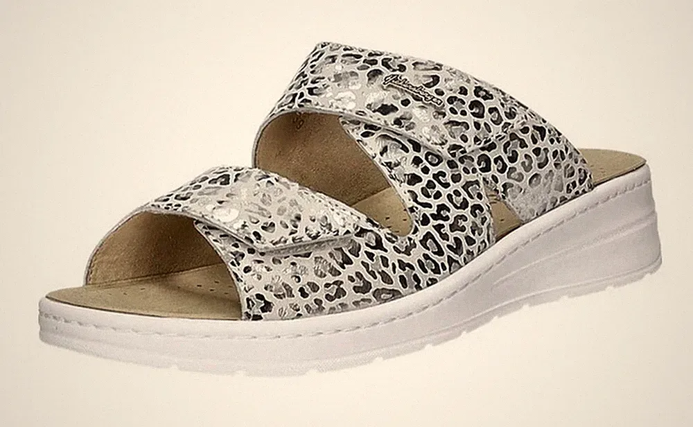Hickersberger Pantolette Grau Silber Leopard Schlappen Hausschuh Slipper Einlage