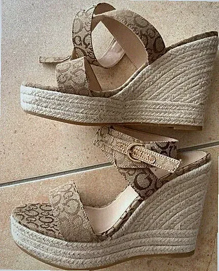 High Heels Marken Riemen Plateau / Sandalen Logo GUESS Bast Wedges Keil Gr. 37