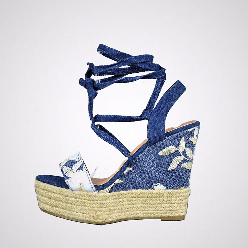 High Heels Plateau-Keilabsatz Damenschuhe Sandalen Blumen JEANS Peep-Toes Pumps