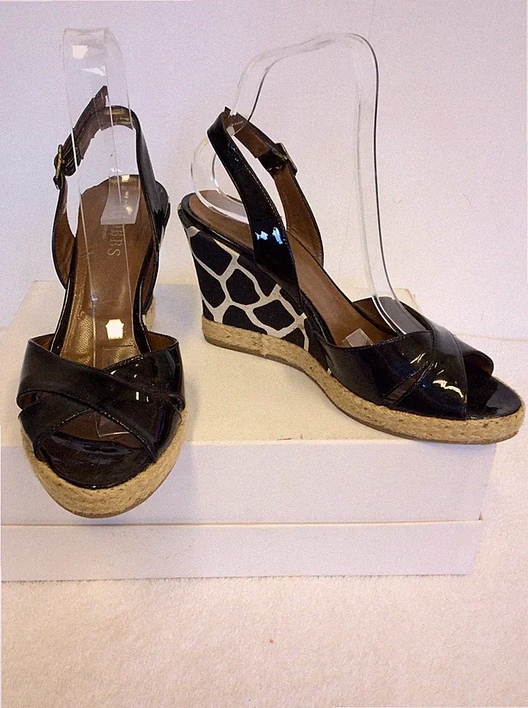 HOBBS SCHWARZ LACKLEDER & CANVAS PRINT KEILABSATZ SLINGBACK SANDALEN GRÖSSE 4/37