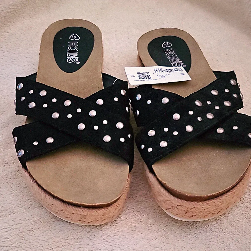 Hollis Damen Sandalen Slipper schwarz Wildleder Keilabsatz Nieten EU 38