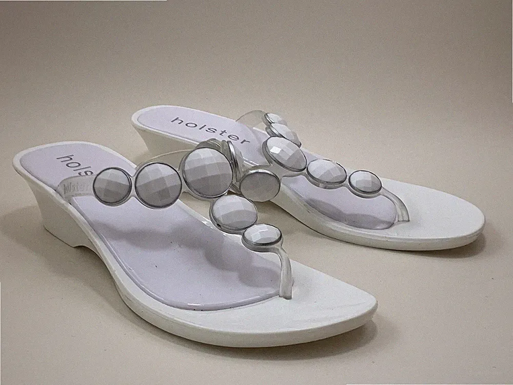 Holster weiß Jelly Gummi Keilabsatz Zehentrenner Flip Flops Glas Knopfdetail UK 6 EU39