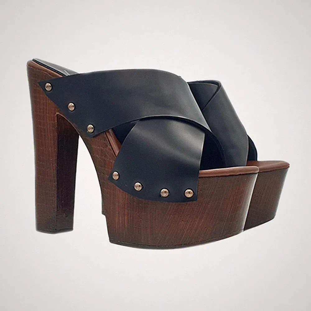 Holzschuhe Mit Absatz Hoch 14 CM Und Obere Schwarzes Leder - MY3460 NERO