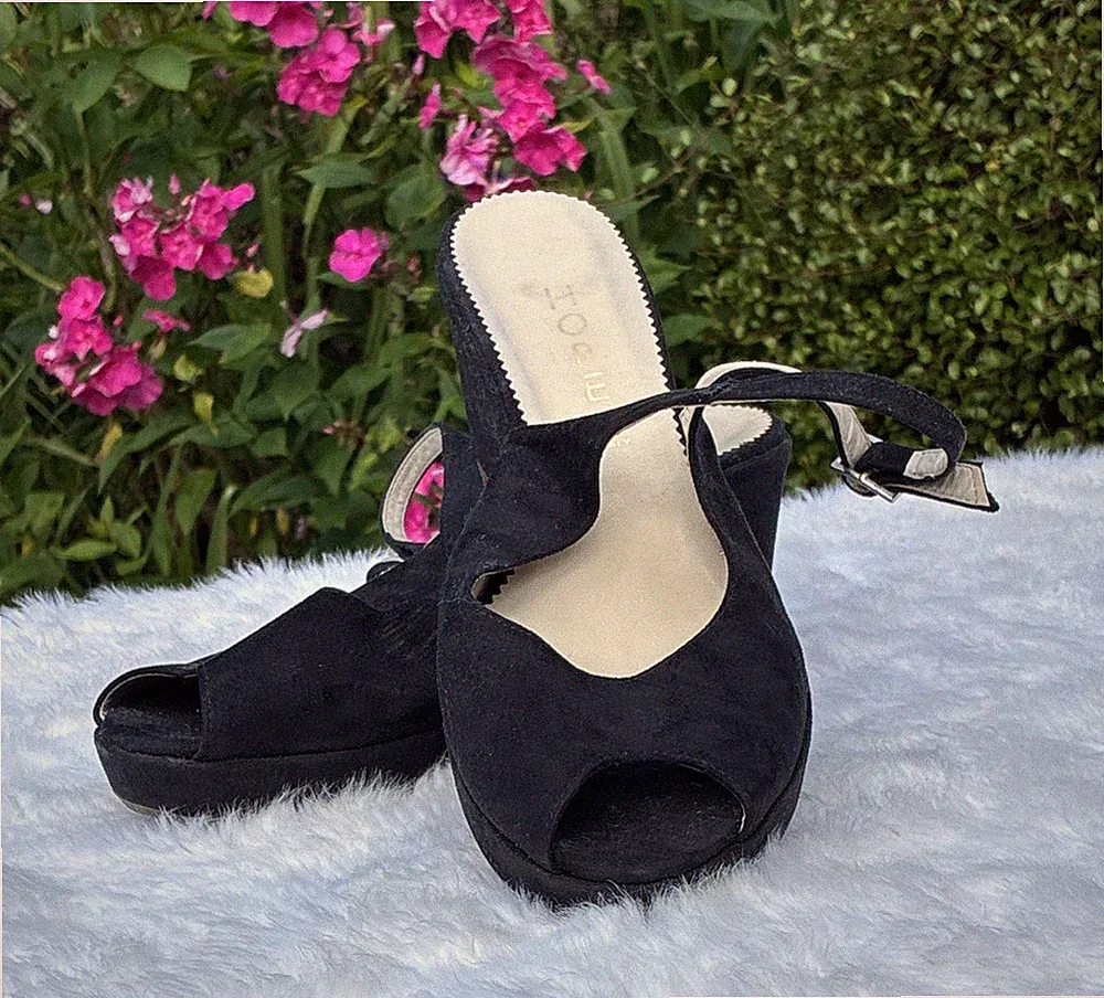 HOPE Damen Slingback Sandalen Wildleder schwarz Keilabsatz Knöchelriemen 39