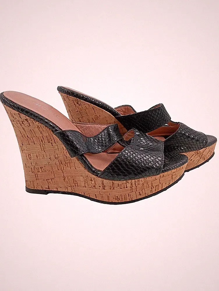 Hotiç Damen Pantoletten Keilabsatz Sandalen Schwarz Gr. 38 Schlangenoptik