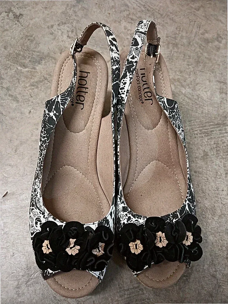HOTTER HATTIE Damen schwarz-weiß Keilabsatz Slingback Peeptoe Sandale Gr UK 7