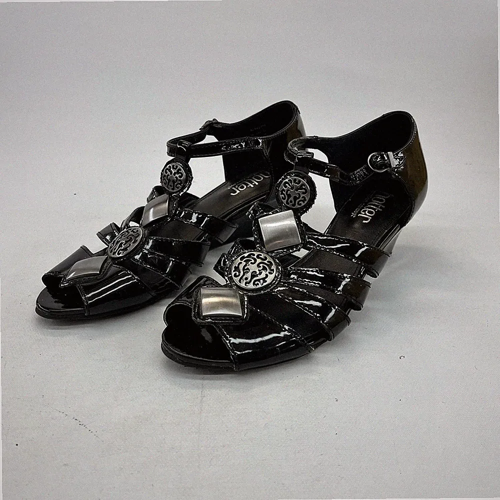 Hotter Surabaya Damen-Sandalen schwarz Lackleder UK 4 bequem Keilabsatz