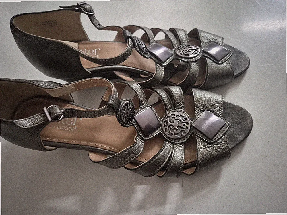 Hotter Surabaya Pewter Damen-Sandalen Leder Keilabsatz UK-Größe 4,5/EU 37,5