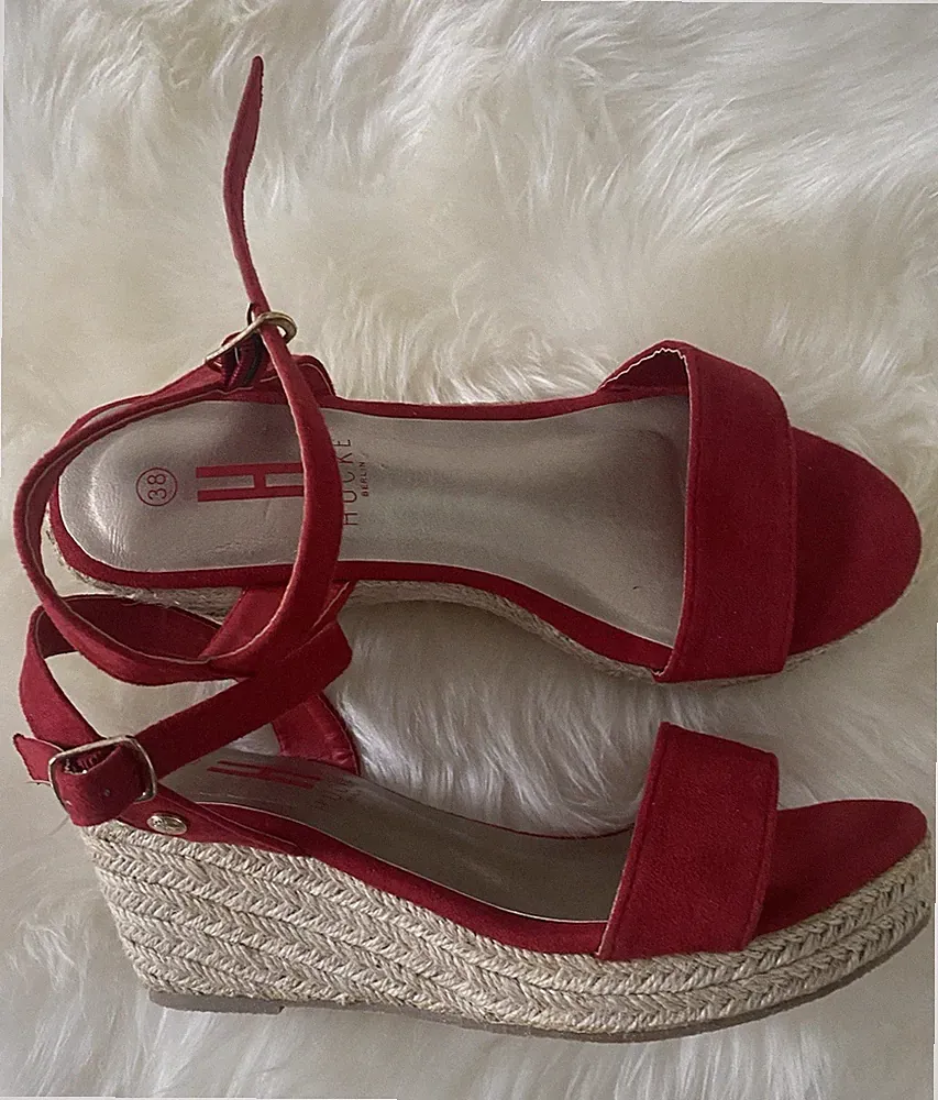 Hucke Berlin Damen Keilabsatz-Sandalen Espadrille Wildleder Rot/Beige EU 38