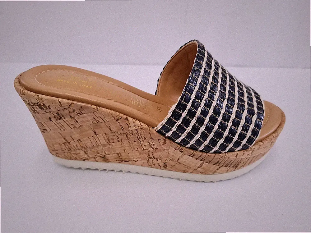 ICE Damen Pantolette aus Leder und Textil mit Keilabsatz Ugan Blu