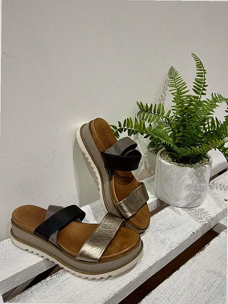 INUOVO Leder Pewter Schwarz Mix Plateau Slipper Slider Boho Sandalen UK 6 39