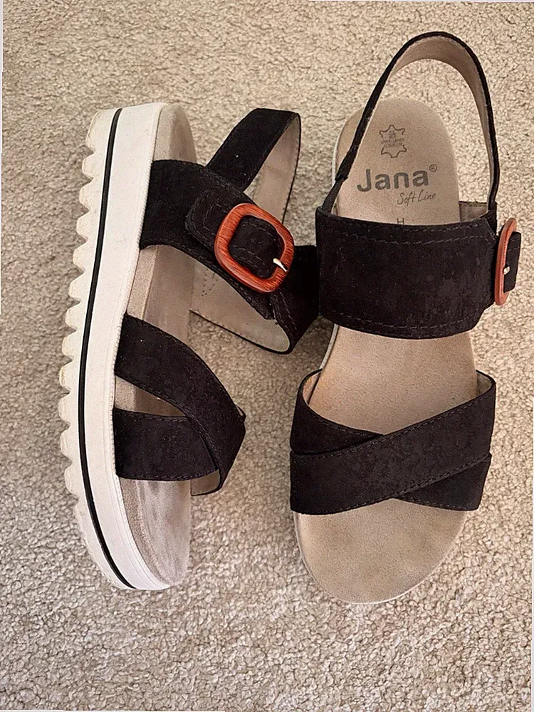 Jana Soft Line Damen Sandalen Leder schwarz/beige EU 40 Keilabsatz Plateau H
