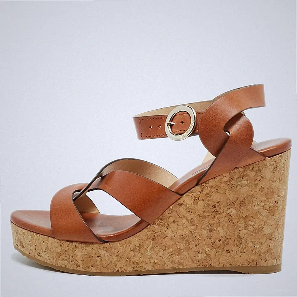 Jimmy Choo Aleili Gr. 39 Braun Leder Kork Knöchelriemen Keilabsatz Sandalen