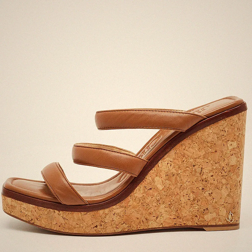 Jimmy Choo Athenia Gr. 39 Braun Leder Kork Plateau Keilabsatz Sandalen
