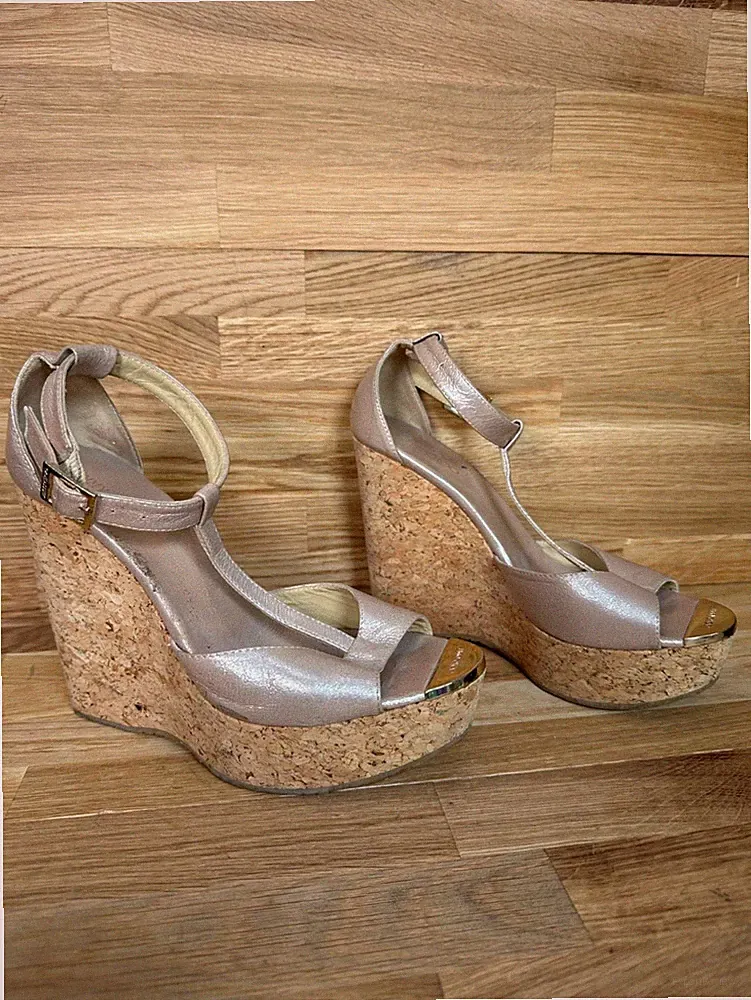 Jimmy Choo Damen Kork Keilabsatz Sandalen Metallic Rosa Gold Leder EU39 UK6