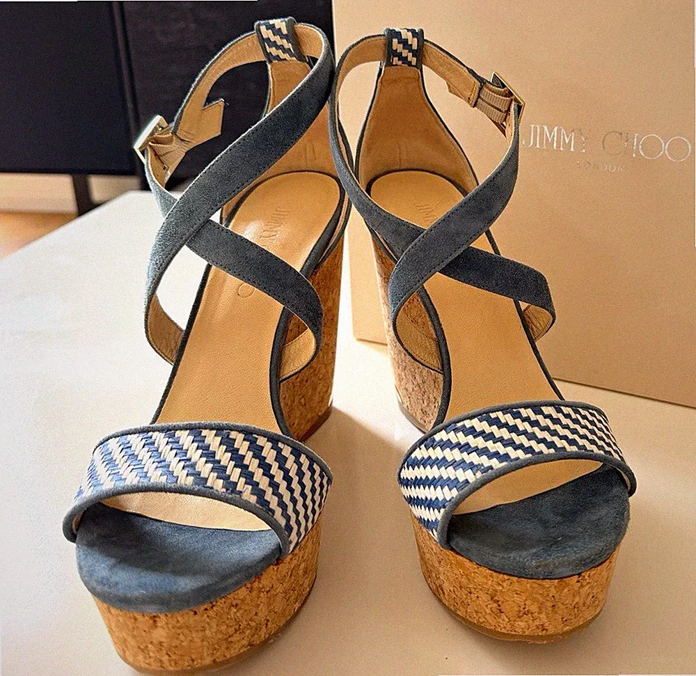 Jimmy Choo Damen Sandalen Wildleder Blau/Beige Keilabsatz Plateau 38,5
