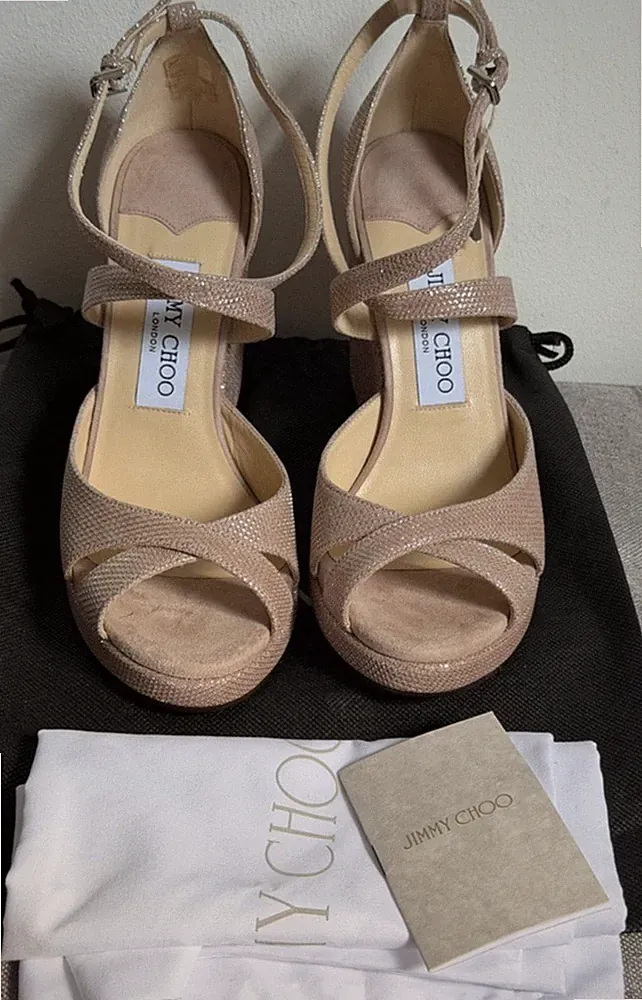 Jimmy Choo Glitter Suede Wedge Sandals Alanah 105 Blush UK4,5 EU37,5 Neu ohne Karton UVP450€