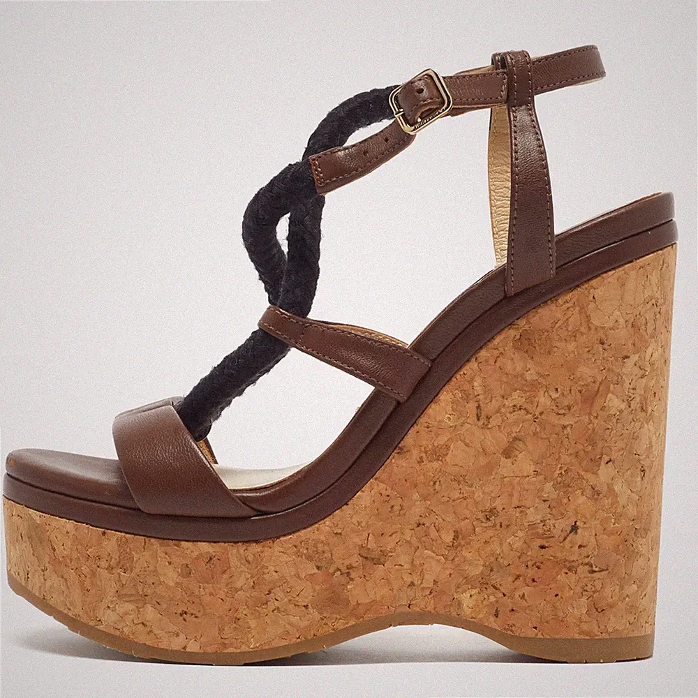 Jimmy Choo Größe 34 Braun Leder Kork Keilabsatz Knöchelriemen Sandalen