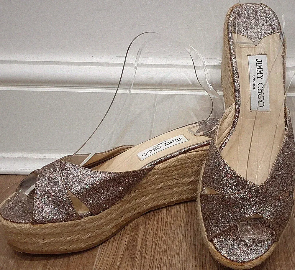 JIMMY CHOO Mehrfarbig Glitzer Espadrille Plateau Keilabsatz Sandalen Schuhe NEU!
