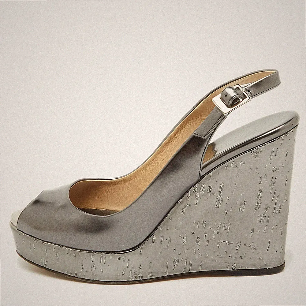 Jimmy Choo Metallic Grau Leder Kork Plateau Keilabsatz Slingback Sandalen...
