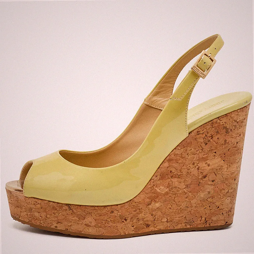 Jimmy Choo Praise Cork Gr. 39 Gelb Lackleder Plateau Slingback Keilabsatz