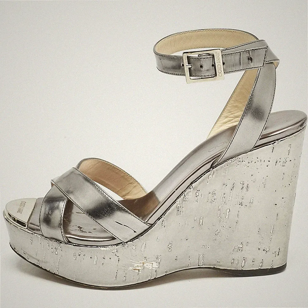 Jimmy Choo Silber Leder Kreuzriemen Keilabsatz Sandalen Größe 37,5