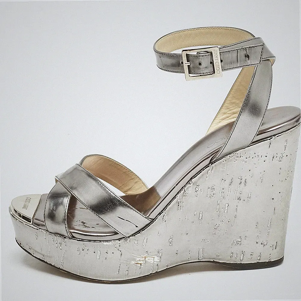 Jimmy Choo Silber Leder Kreuzriemen Keilabsatz Sandalen Größe 37,5