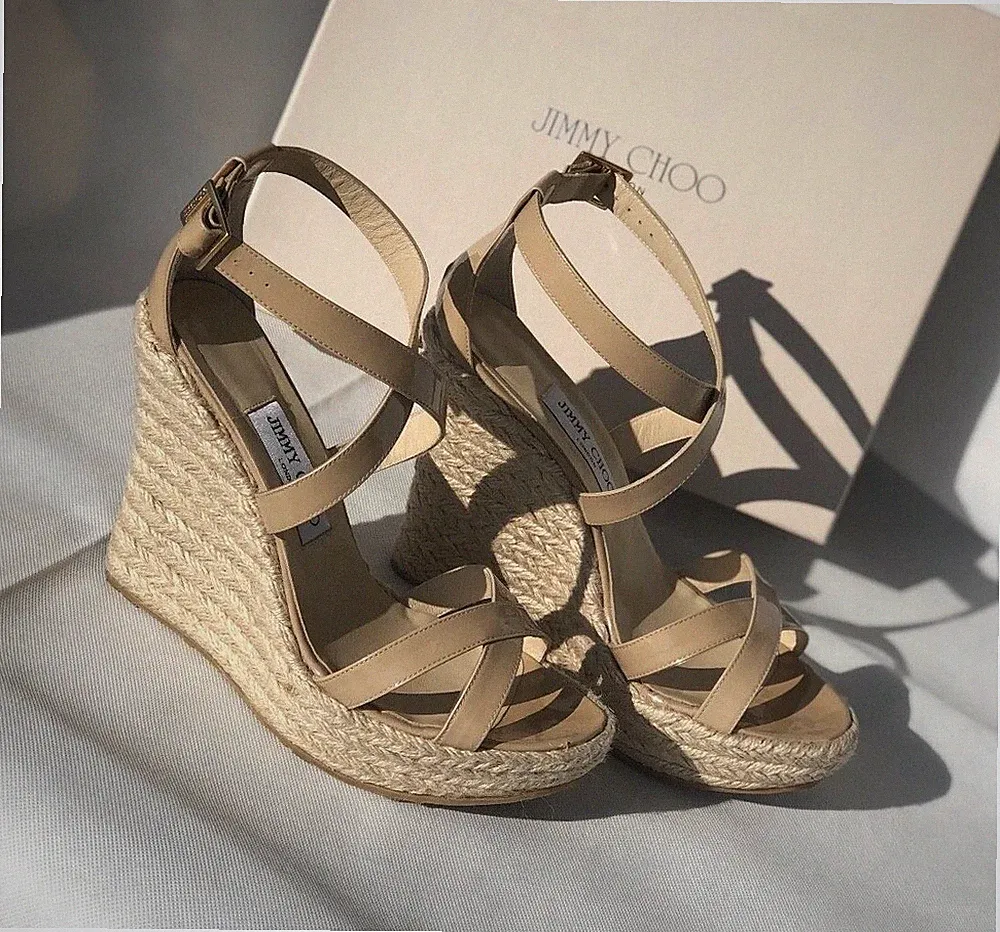 Jimmy Choo Wedges Porto Nude Bast 39,5 Gold Schuhe Sandalen Sommer Blogger Keil