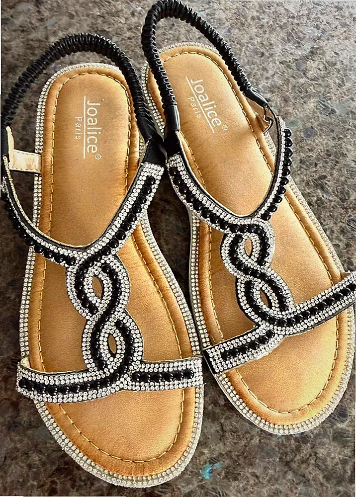 Joalice Paris Sandalen Gr. 37 Schwarz Strass Keilabsatz Sommer Glitzer Gummizug